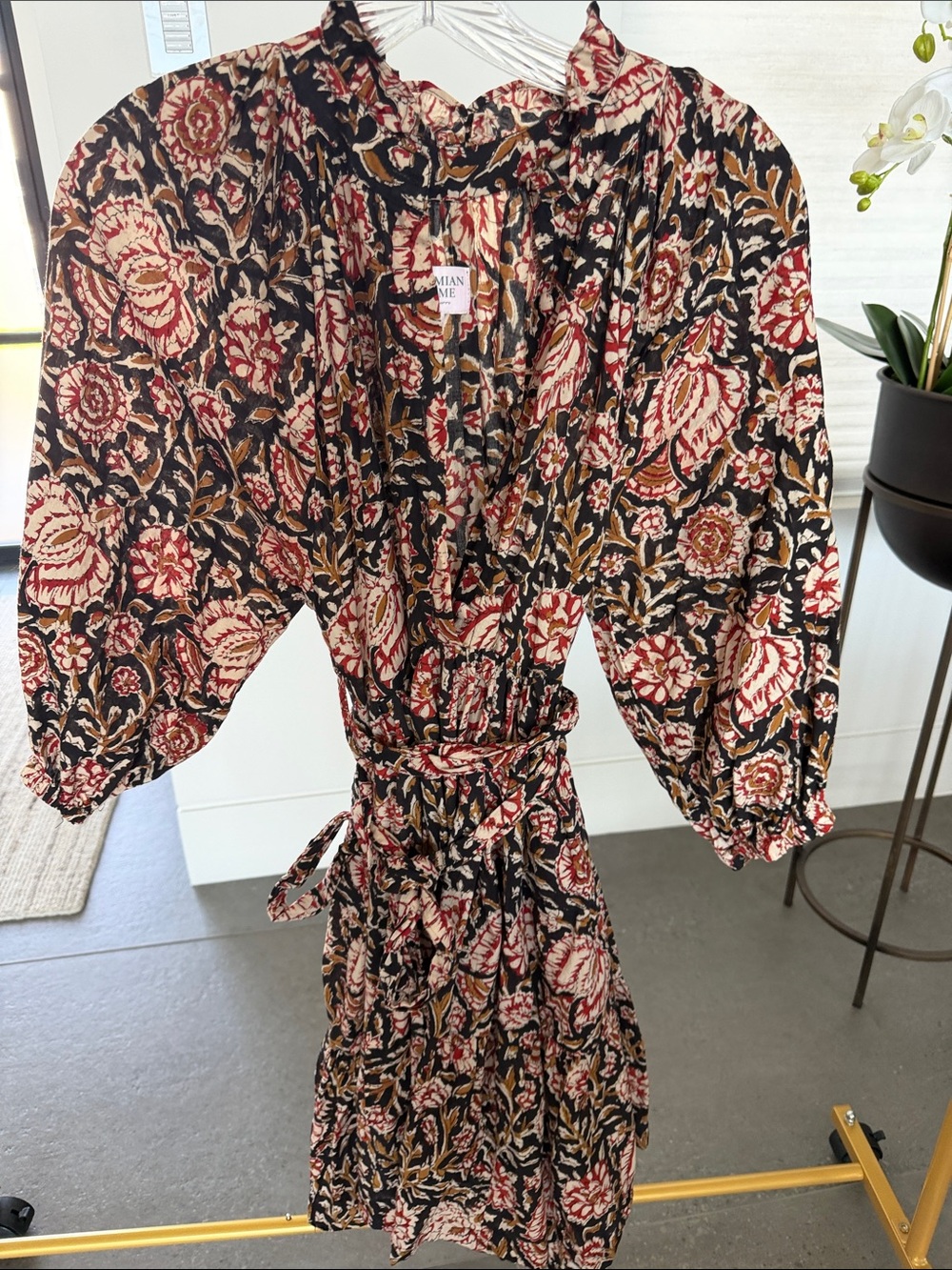 Floral Tie-Waist Mini Dress in Black & Red